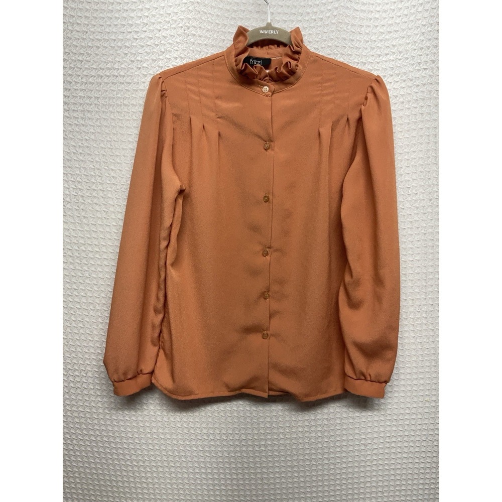 Vtg. Fritzi California Burned Orange Secretary Tie Neck Pleats Blouse Sz Large